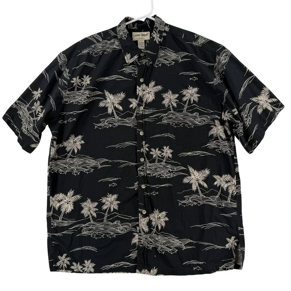 Cooke Street Shirt Mens XL Black Palm Tree Fish Short Sleeve Hawaiian‎ Aloha